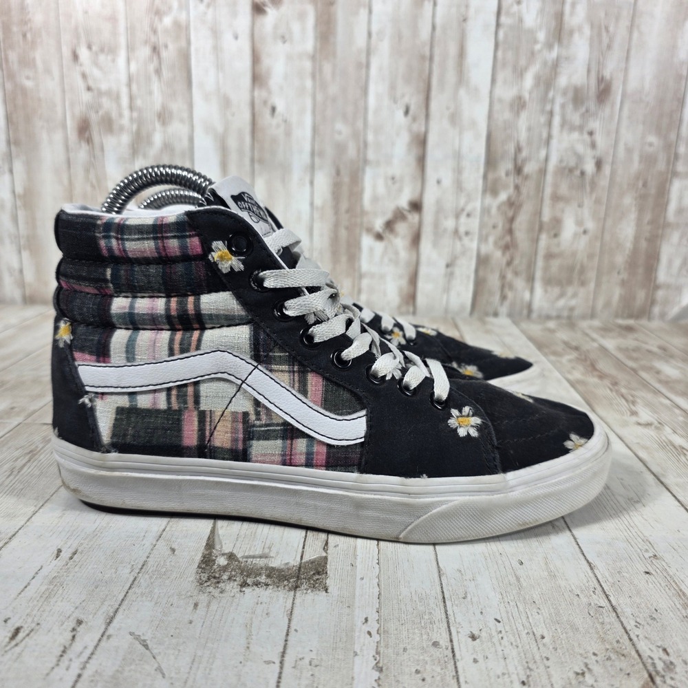 Vans Sk8-Hi‎ Patchwork Plaid Daisy Floral High Top Black Womens 8 Mens 6.5